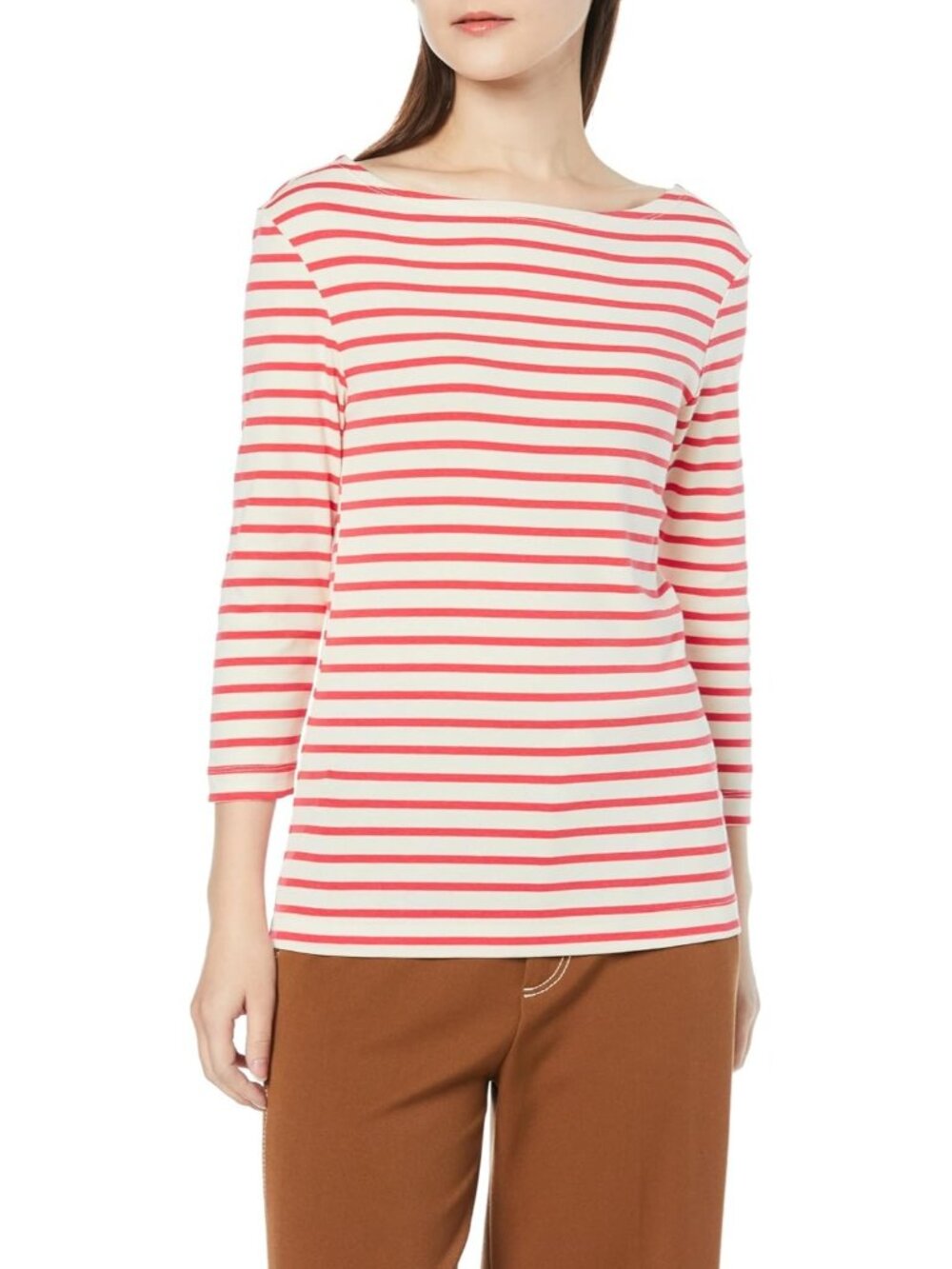 Women's Ivory Red Slim-Fit 3/4 Sleeve Boat Neck Cotton Modal Micro Rib T-Shirt